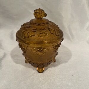 Vintage Jeanette Glass Footed Candy Dish with Lid - Grapes and Leaves - Amber